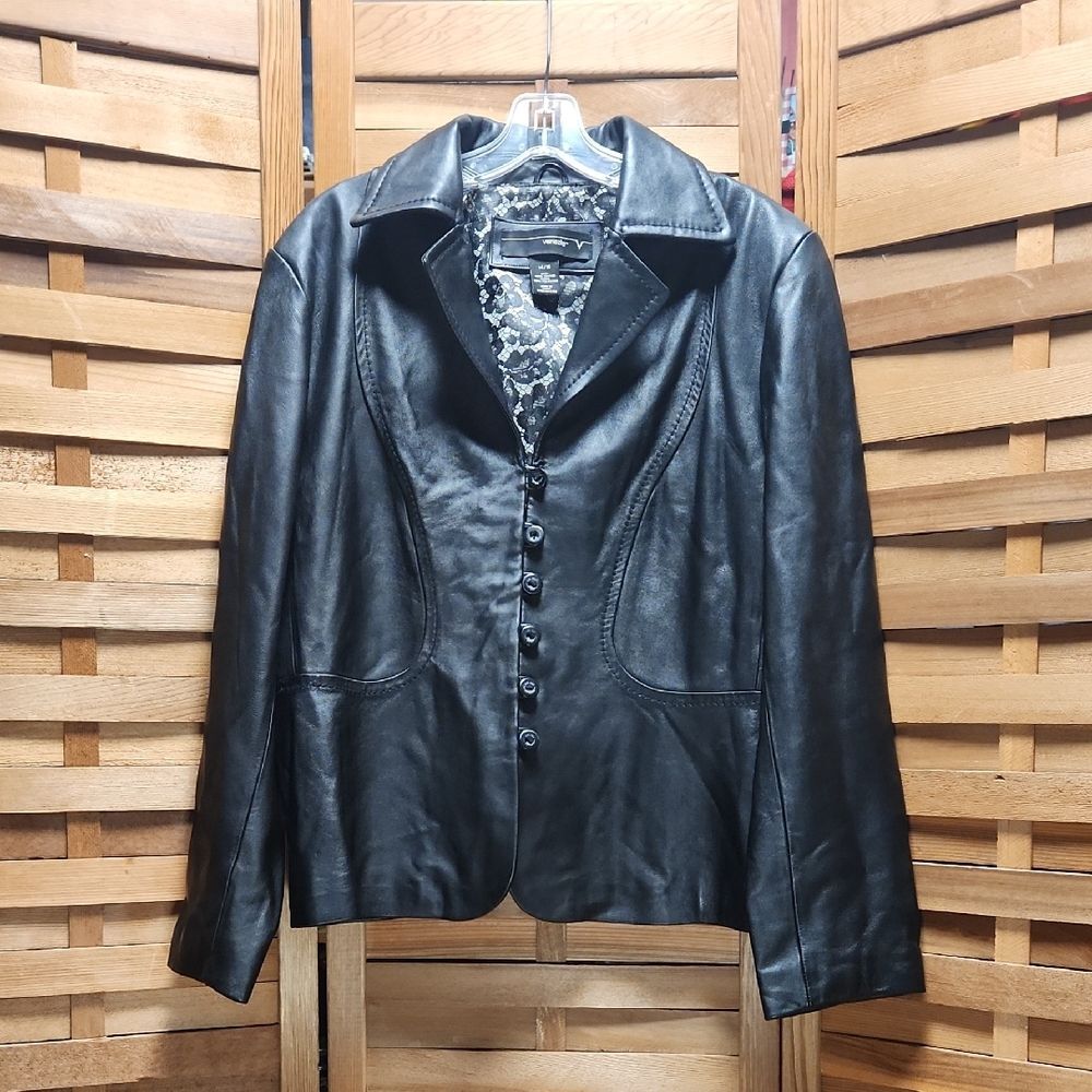 Venezia Black Women 14 16 Leather Jacket Blazer Coat Floral Lining Polyester